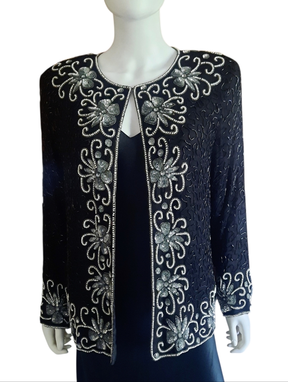 Vtg NITELINE Black Silk Evening Jacket  w/Pearl/Sequin/Glass Beading Sz L